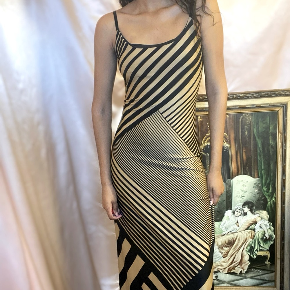Vintage Black & Camel Brown Maxi Dress Sz XS-S